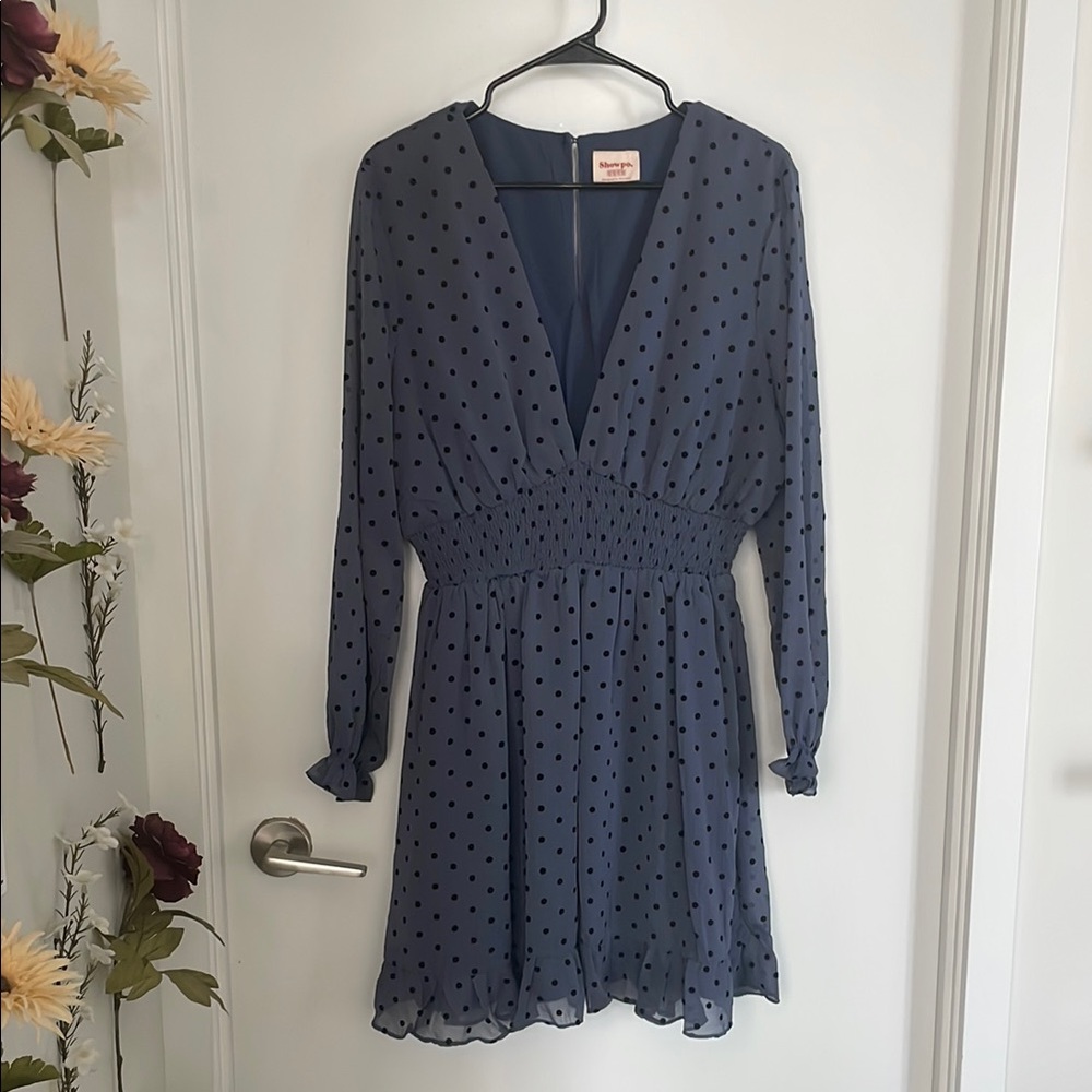Showpo Blue Plunge Neck Bishop Sleeve Dress